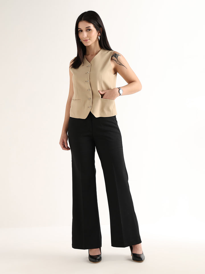 Hancock   Women   Beige   Solids   Viscose Rayon   Slim Fit   Formal   Waistcoat