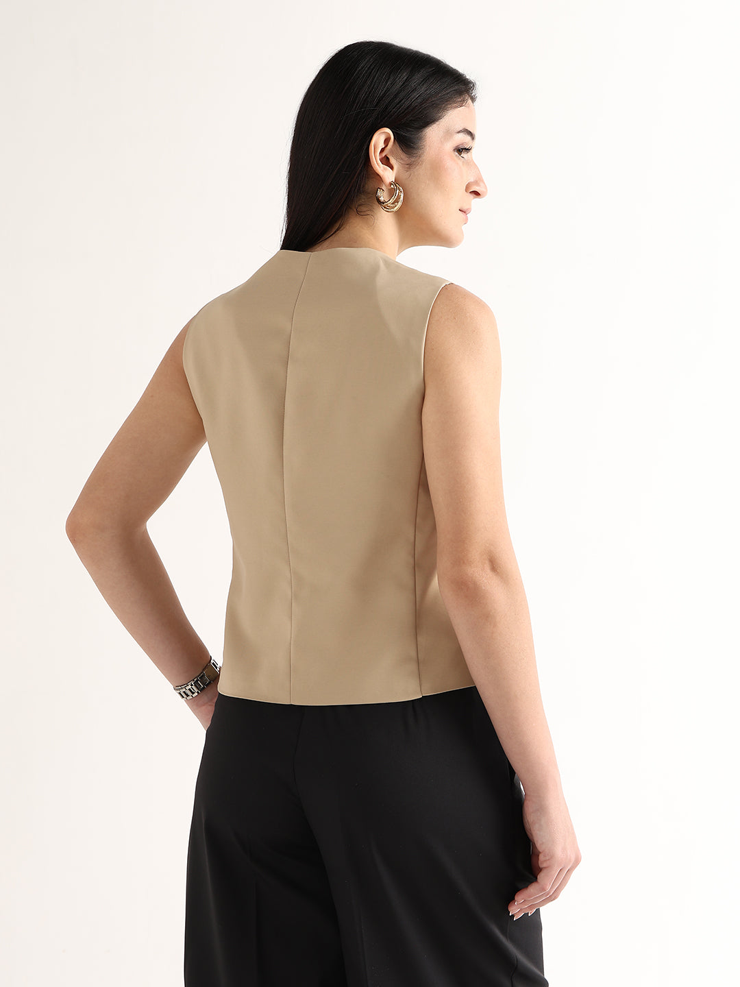 Hancock   Women   Beige   Solids   Viscose Rayon   Slim Fit   Formal   Waistcoat