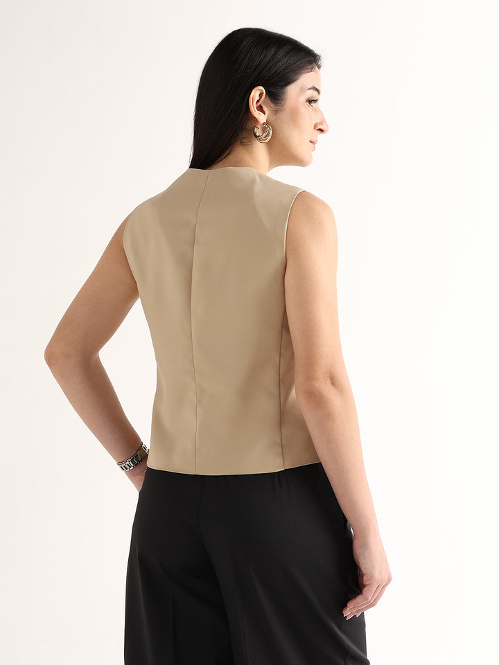 Hancock   Women   Beige   Solids   Viscose Rayon   Slim Fit   Formal   Waistcoat