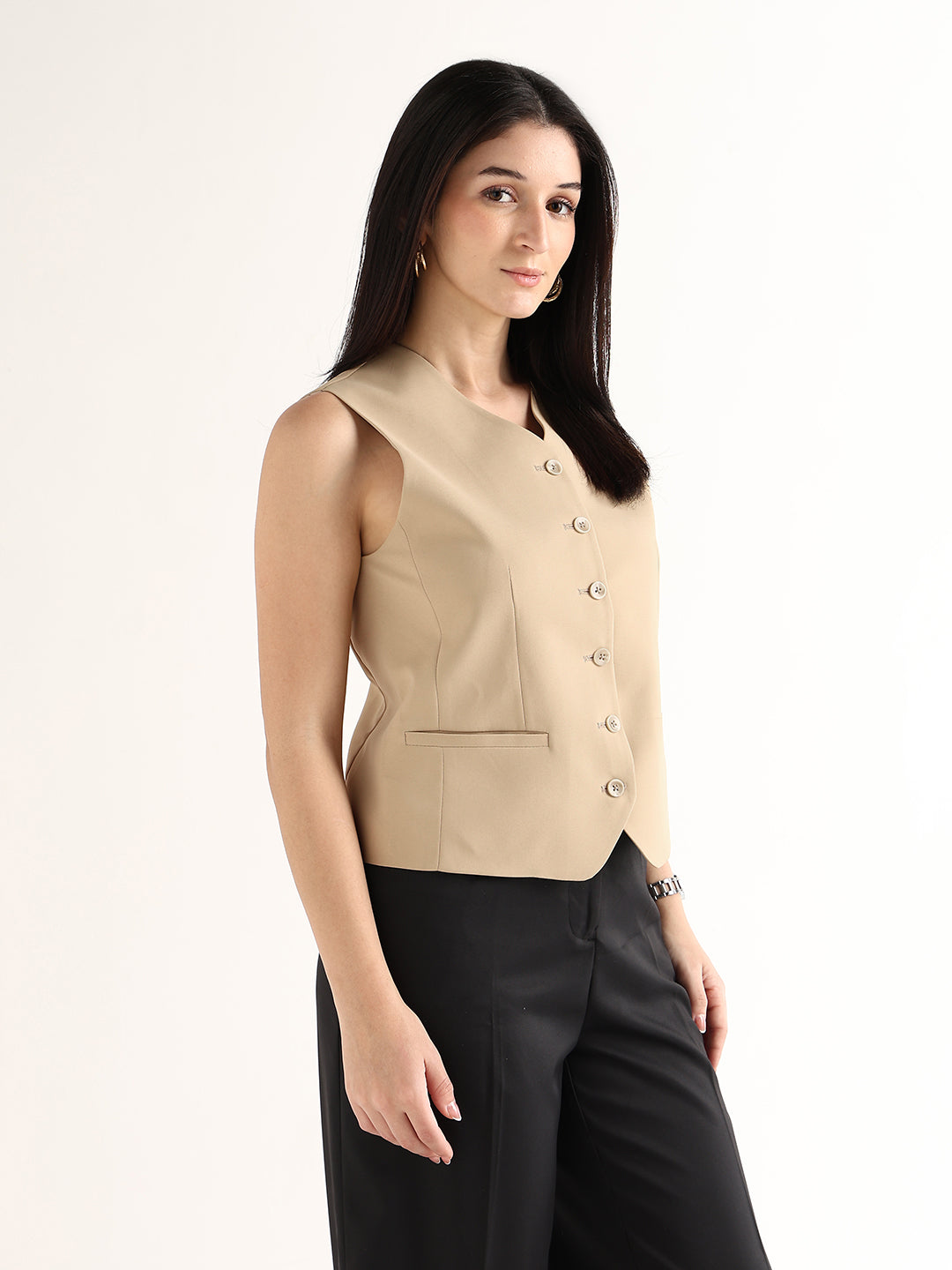 Hancock   Women   Beige   Solids   Viscose Rayon   Slim Fit   Formal   Waistcoat