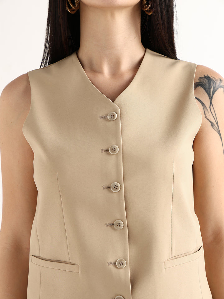 Hancock   Women   Beige   Solids   Viscose Rayon   Slim Fit   Formal   Waistcoat