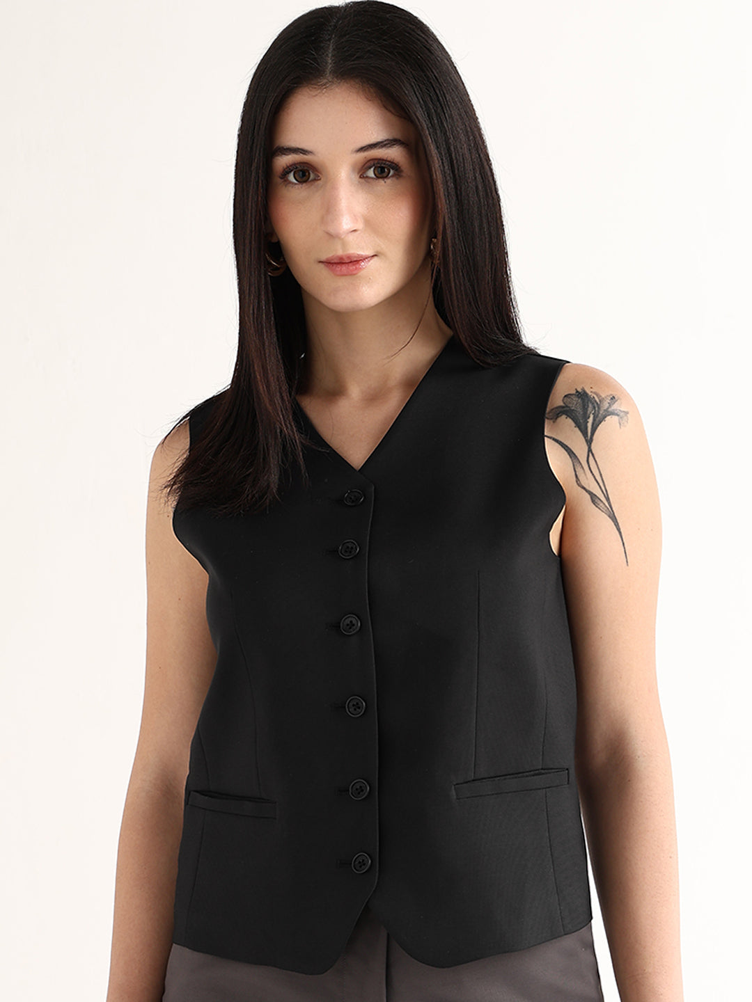 Hancock   Women   Black   Solids   Viscose Rayon   Slim Fit   Formal   Waistcoat
