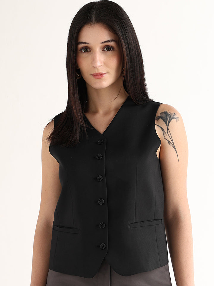 Hancock   Women   Black   Solids   Viscose Rayon   Slim Fit   Formal   Waistcoat