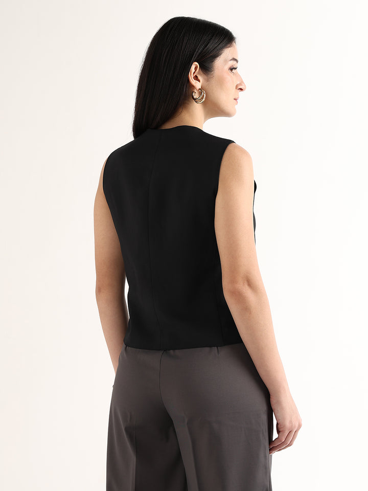 Hancock   Women   Black   Solids   Viscose Rayon   Slim Fit   Formal   Waistcoat