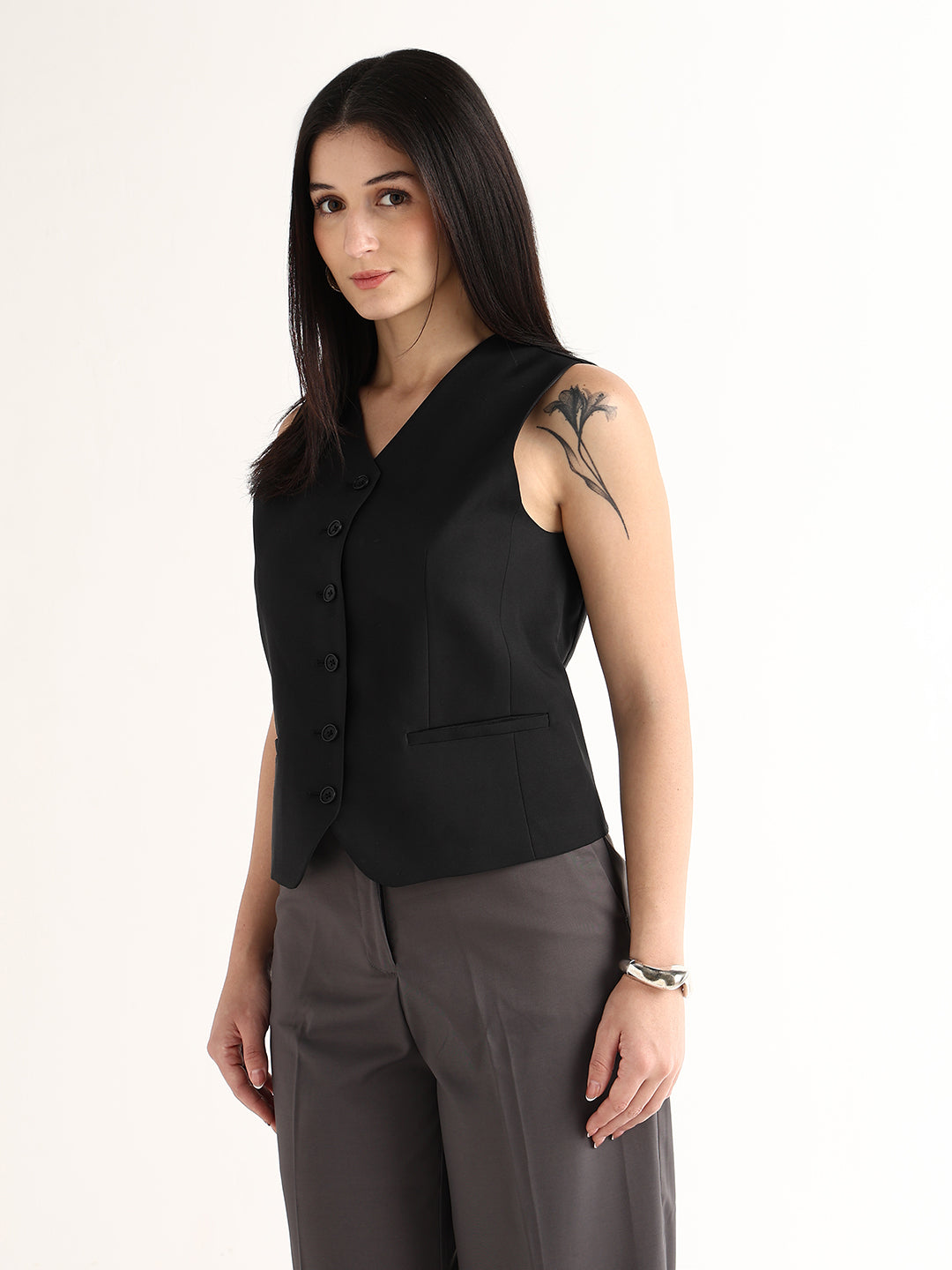 Hancock   Women   Black   Solids   Viscose Rayon   Slim Fit   Formal   Waistcoat