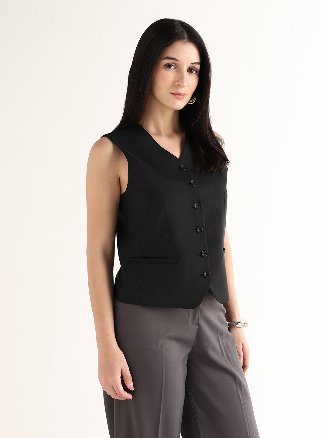 Hancock   Women   Black   Solids   Viscose Rayon   Slim Fit   Formal   Waistcoat