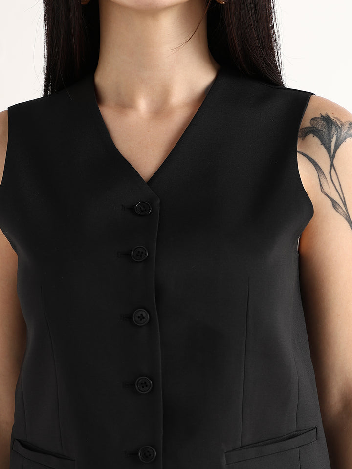 Hancock   Women   Black   Solids   Viscose Rayon   Slim Fit   Formal   Waistcoat