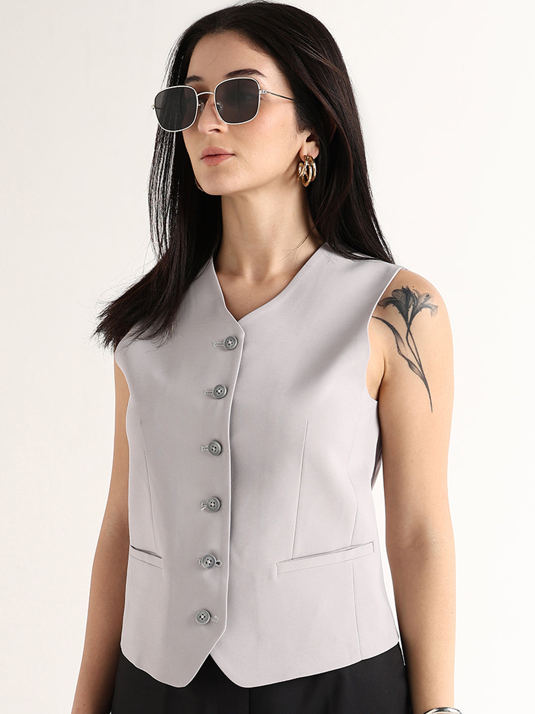 Hancock   Women   Grey   Solids   Viscose Rayon   Slim Fit   Formal   Waistcoat