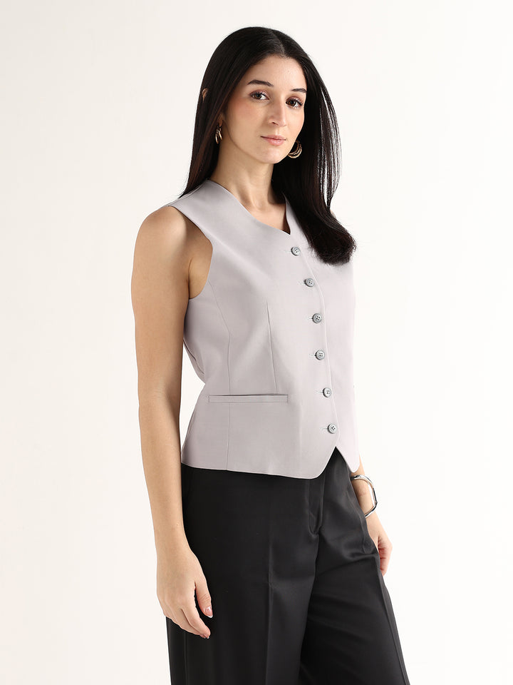 Hancock   Women   Grey   Solids   Viscose Rayon   Slim Fit   Formal   Waistcoat