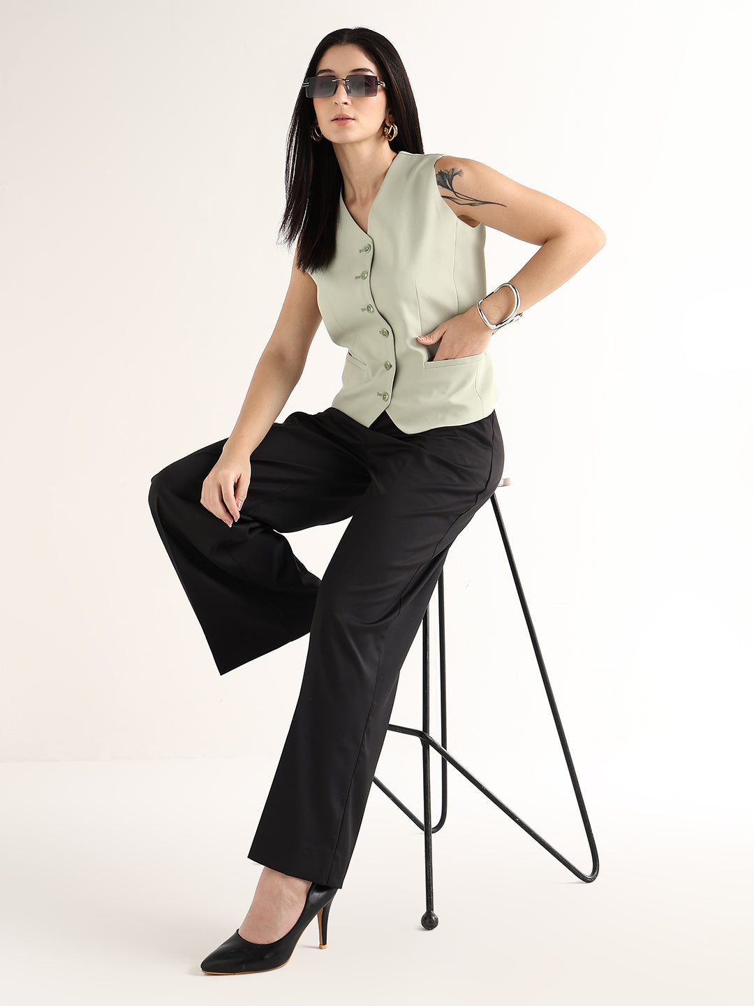 Hancock   Women   Light Green   Solids   Viscose Rayon   Slim Fit   Formal   Waistcoat
