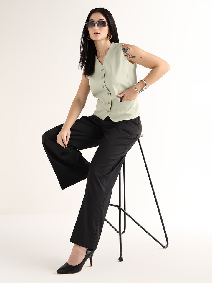Hancock   Women   Light Green   Solids   Viscose Rayon   Slim Fit   Formal   Waistcoat