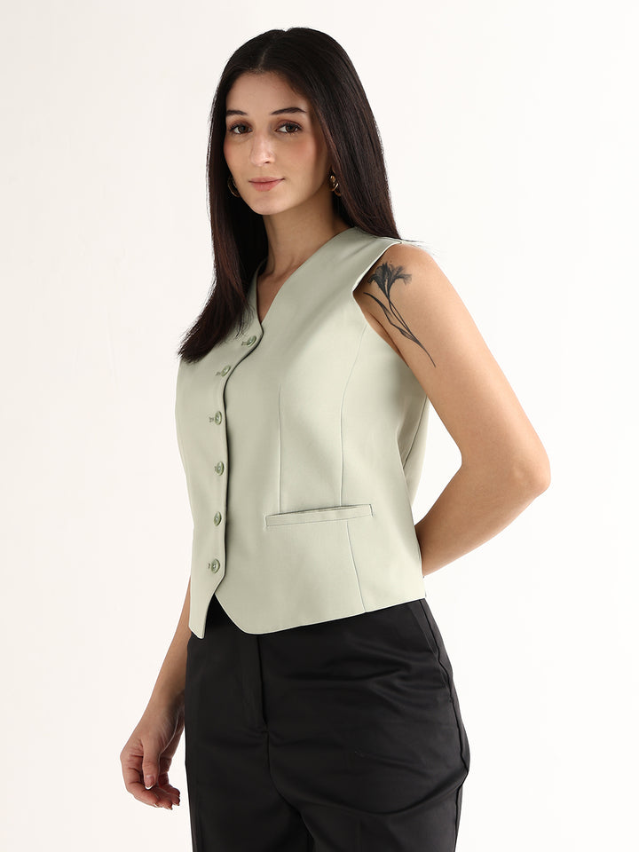 Hancock   Women   Light Green   Solids   Viscose Rayon   Slim Fit   Formal   Waistcoat