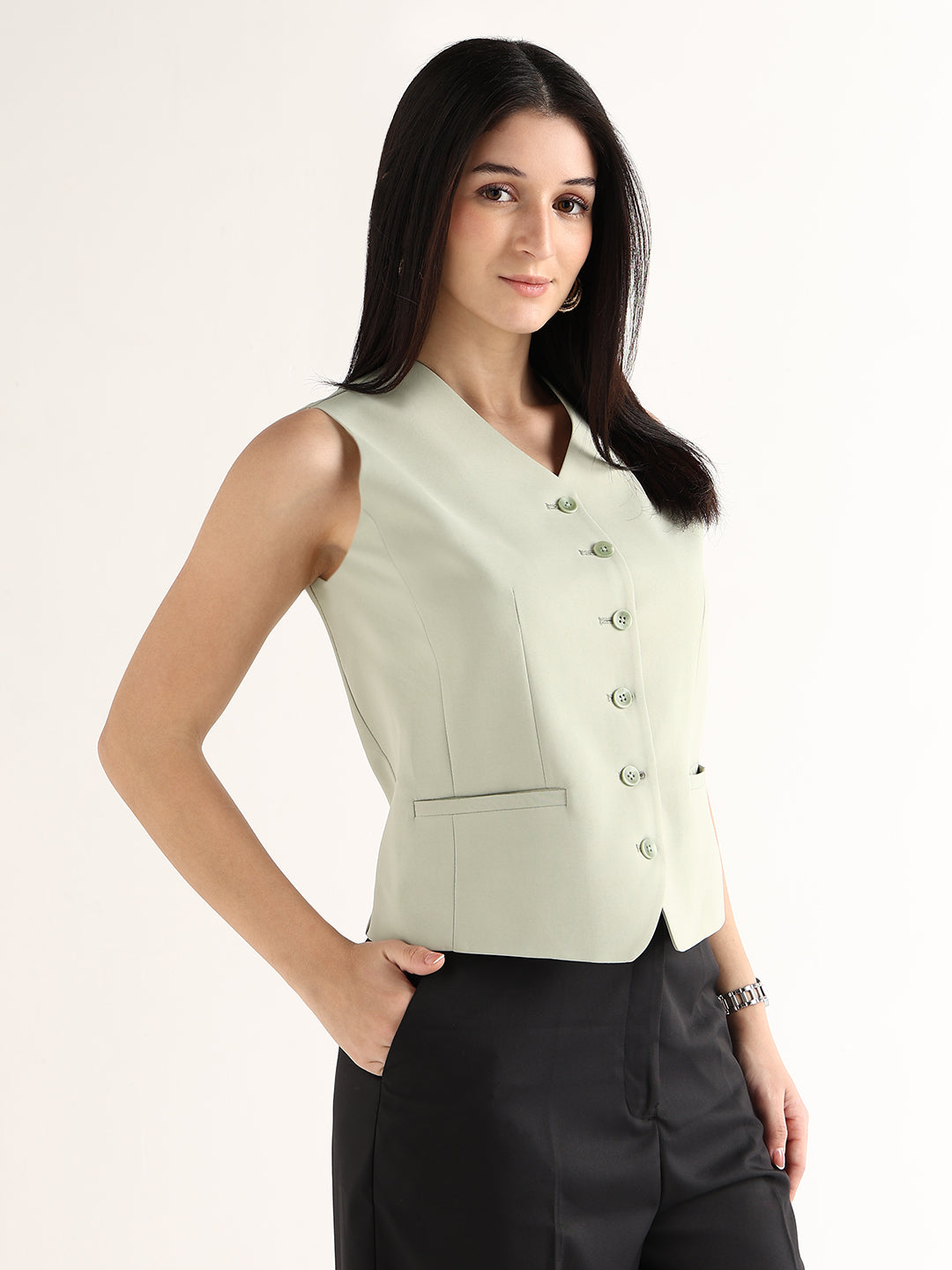 Hancock   Women   Light Green   Solids   Viscose Rayon   Slim Fit   Formal   Waistcoat