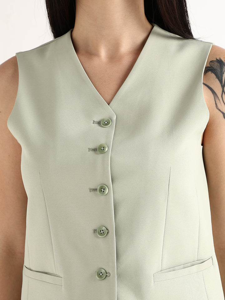 Hancock   Women   Light Green   Solids   Viscose Rayon   Slim Fit   Formal   Waistcoat