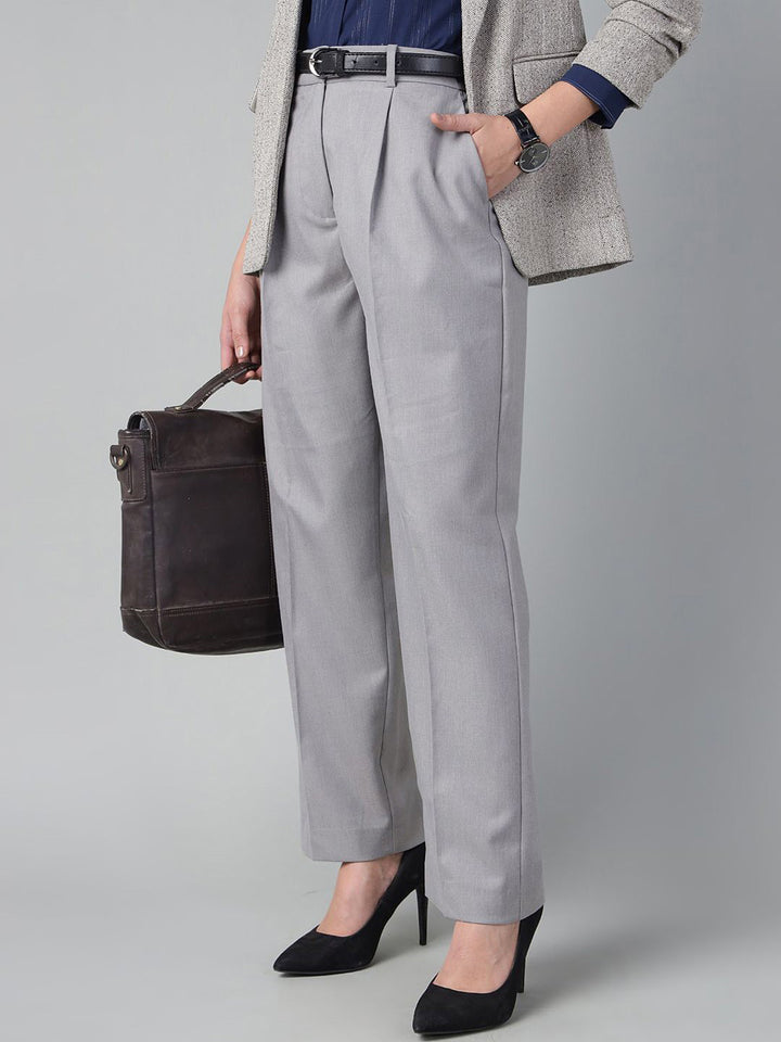 Women Light Grey Solid Polyester Viscose & Elastane Straight Fit Formal Trouser
