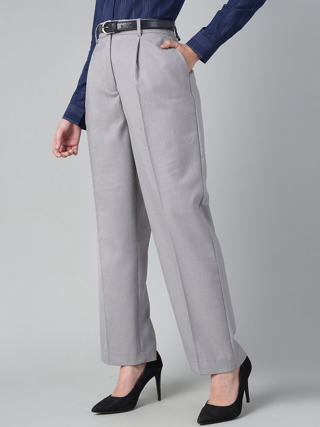 Women Light Grey Solid Polyester Viscose & Elastane Straight Fit Formal Trouser