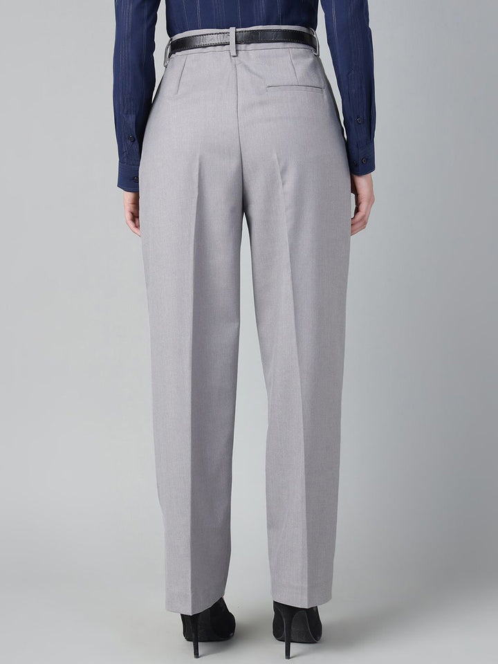 Women Light Grey Solid Polyester Viscose & Elastane Straight Fit Formal Trouser