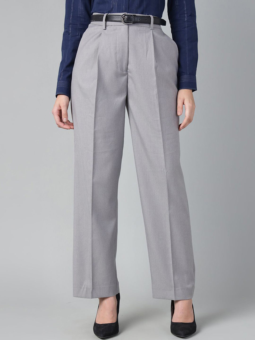 Women Light Grey Solid Polyester Viscose & Elastane Straight Fit Formal Trouser