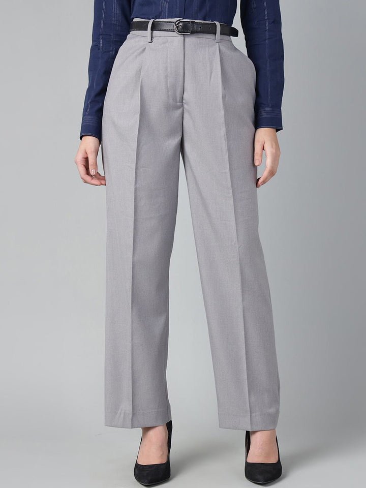 Women Light Grey Solid Polyester Viscose & Elastane Straight Fit Formal Trouser