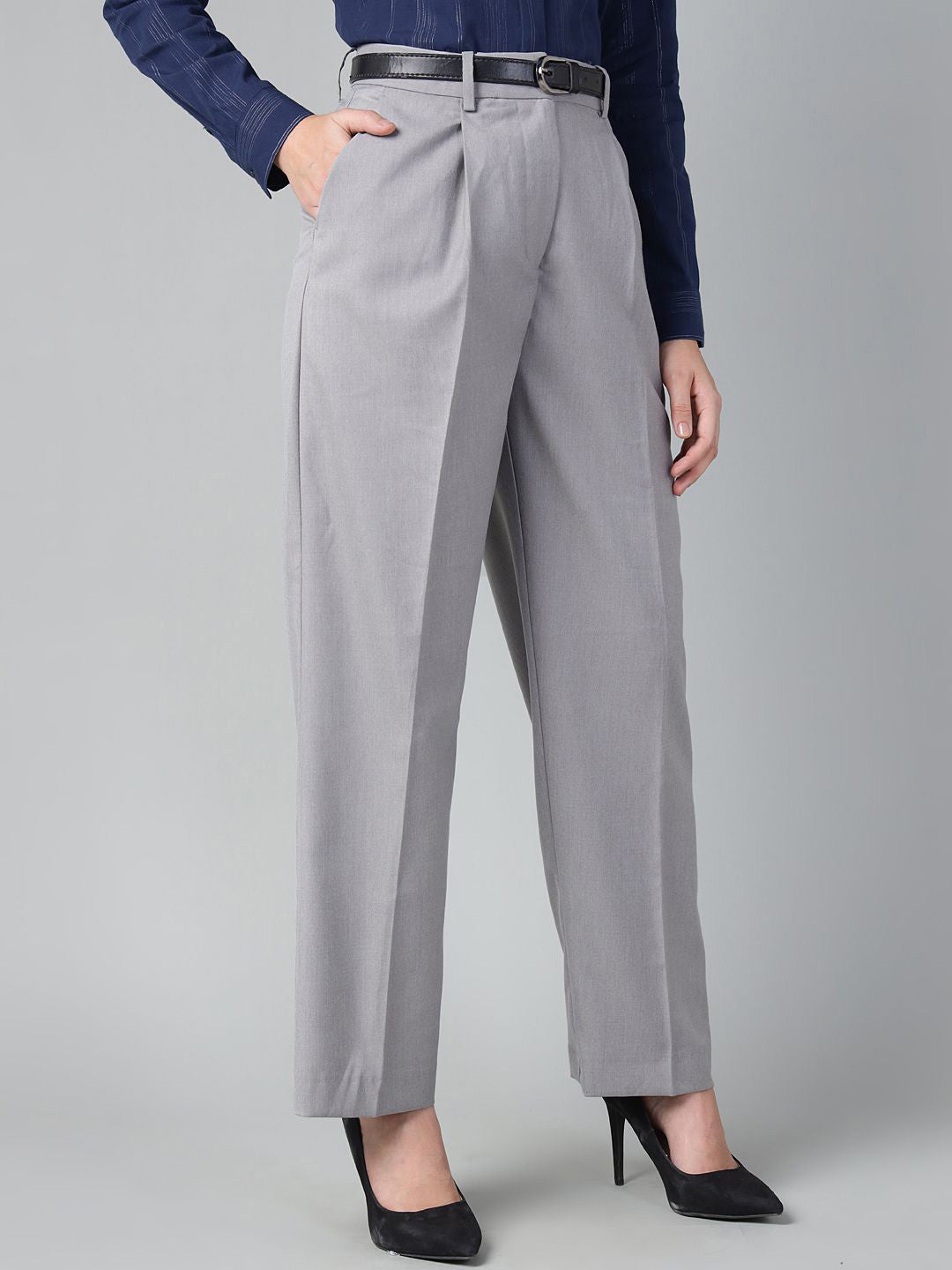 Women Light Grey Solid Polyester Viscose & Elastane Straight Fit Formal Trouser