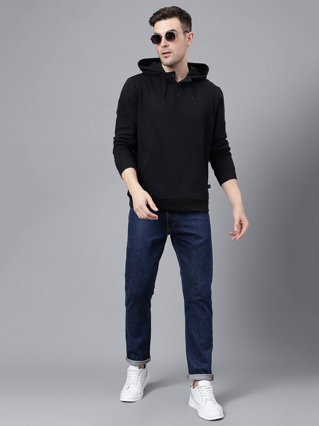 Men Black Solid Half Button Placket Long Sleeves Fleece Hooded Sweatshirt