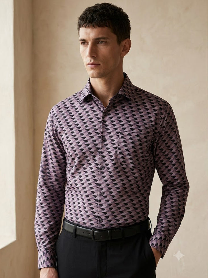 Men Mauve Print Spread Collar Slim Fit Party Shirt