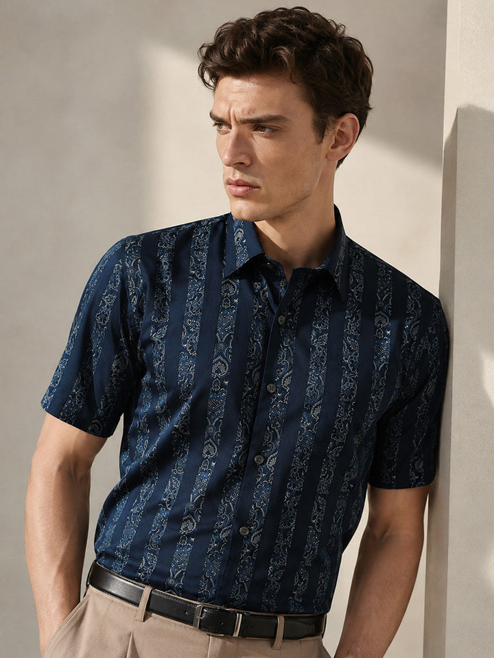 Men Navy Blue Print Spread Collar Slim Fit Formal Shirt
