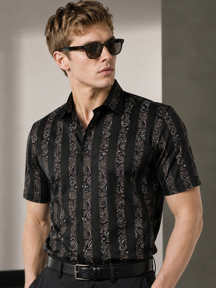 Men Black Print Spread Collar Slim Fit Formal Shirt