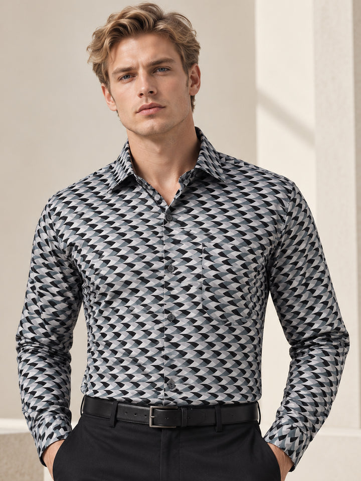 Men Sage Green Print Spread Collar Slim Fit Party Shirt