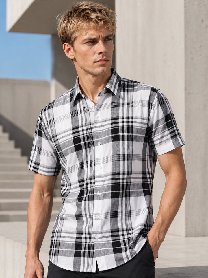 Men Black Check Spread Collar Slim Fit Formal Shirt