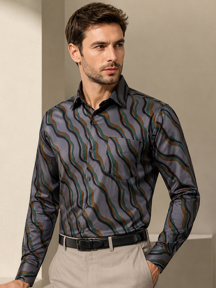 Men Grey & Mustard Print Spread Collar Slim Fit Party Shirt