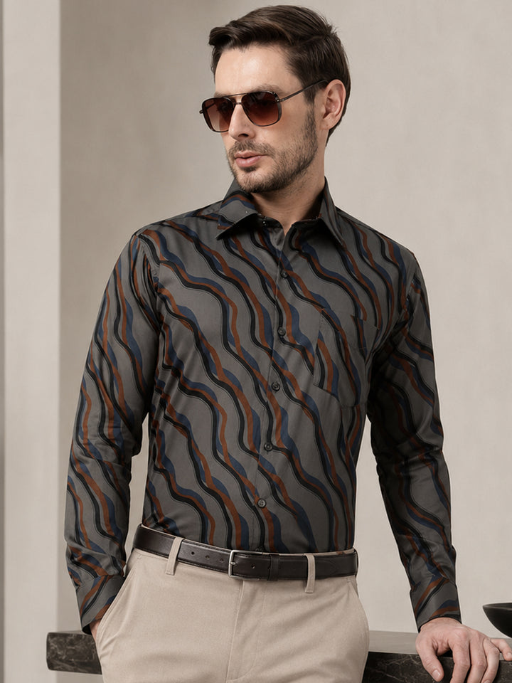 Men Grey & Blue Print Spread Collar Slim Fit Party Shirt