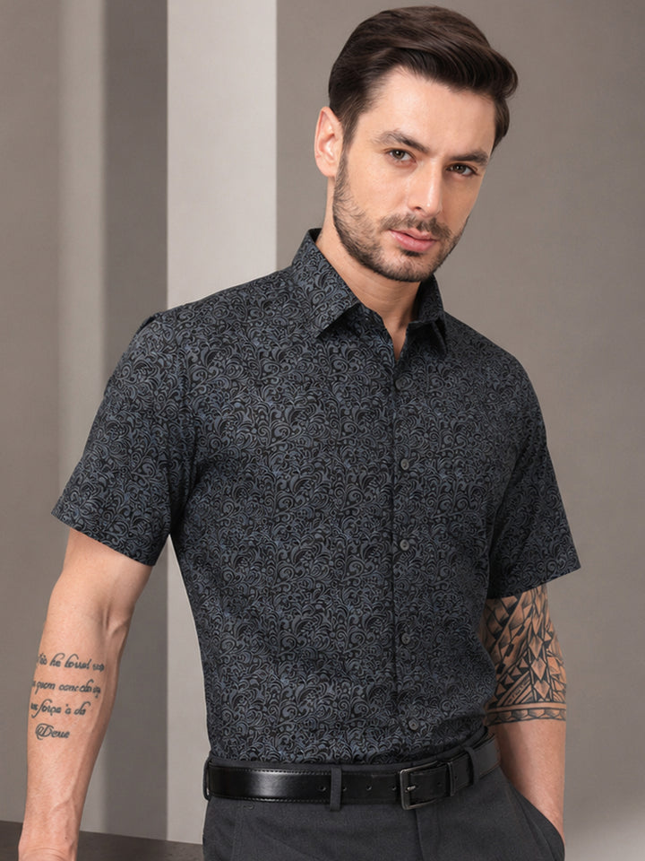 Men Black Print Spread Collar Slim Fit Formal Shirt