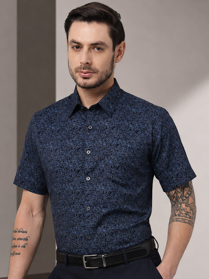 Men Navy Blue Print Spread Collar Slim Fit Formal Shirt
