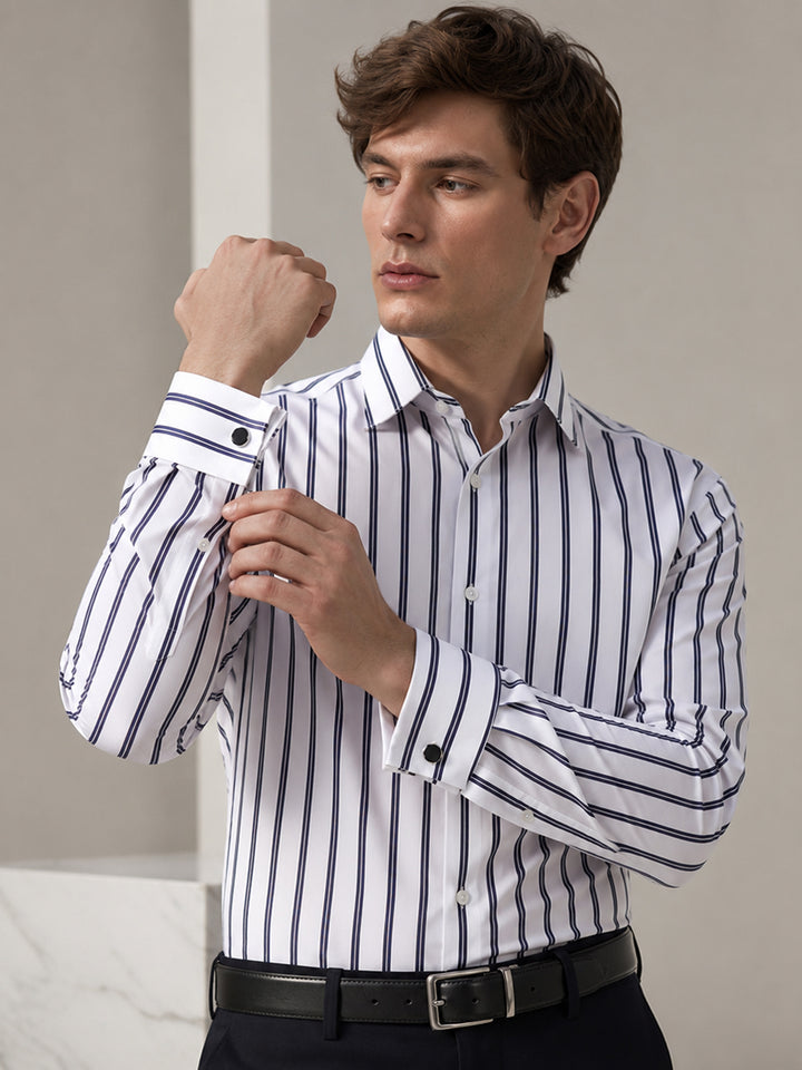 Men White & Navy Blue Stripe Spread Collar Slim Fit Formal Shirt