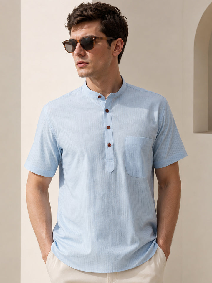 Men Sky Blue Stripe Mandarin Collar Slim Fit Casual Kurta