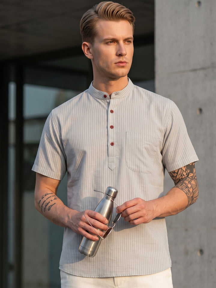 Men Light Grey Stripe Mandarin Collar Slim Fit Casual Kurta