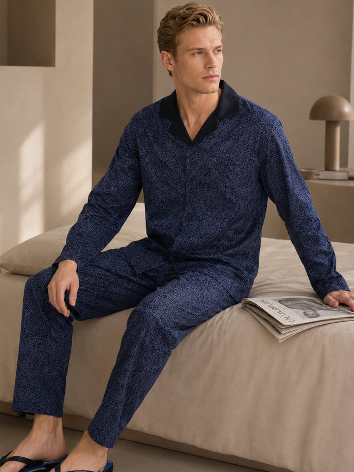Men Navy Blue Print Lapel Collar Relaxed Fit Casual Night Wear