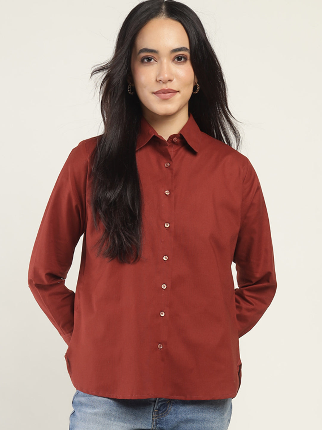 Women Rust Solid Linen Blend Relaxed Fit Casual Shirt