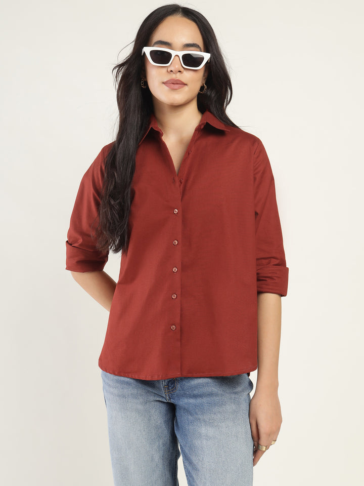 Women Rust Solid Linen Blend Relaxed Fit Casual Shirt