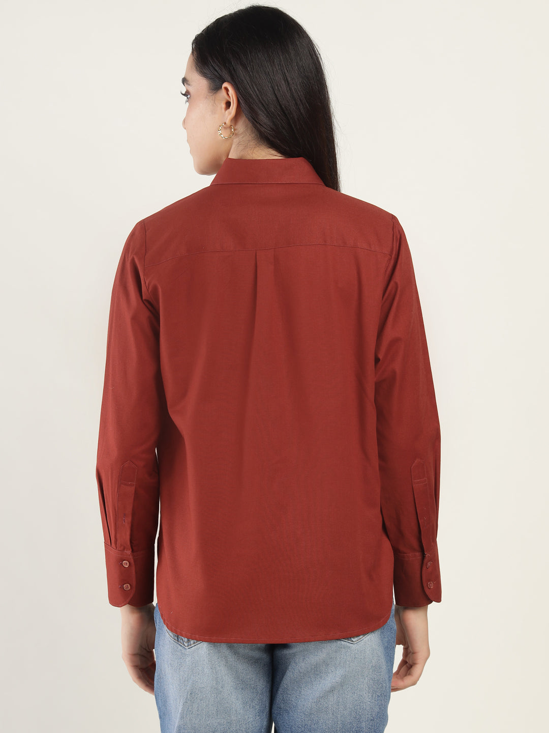 Women Rust Solid Linen Blend Relaxed Fit Casual Shirt