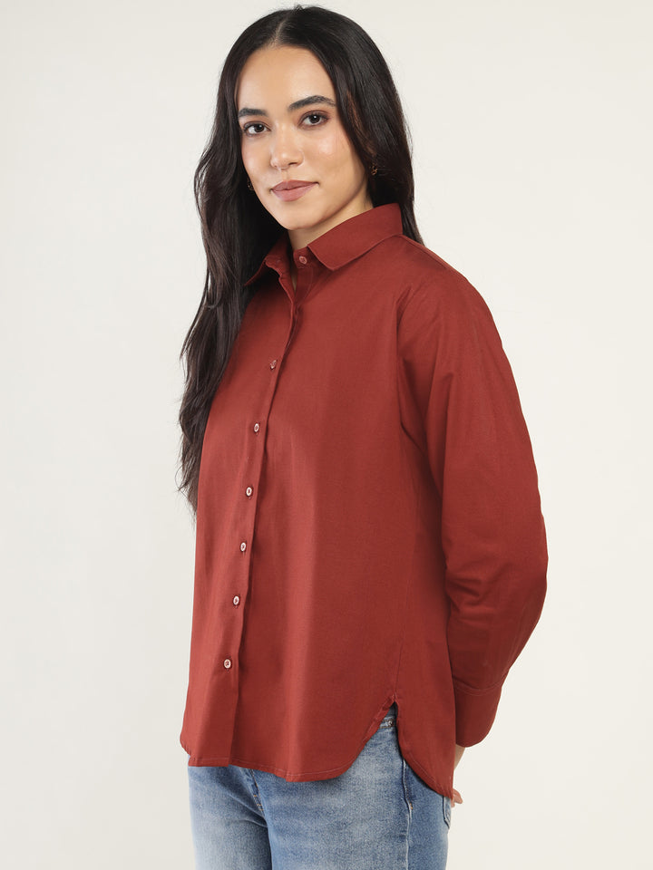 Women Rust Solid Linen Blend Relaxed Fit Casual Shirt
