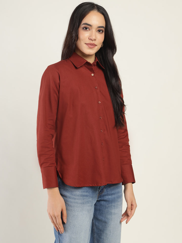 Women Rust Solid Linen Blend Relaxed Fit Casual Shirt