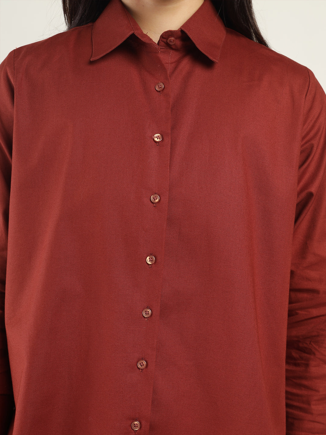 Women Rust Solid Linen Blend Relaxed Fit Casual Shirt