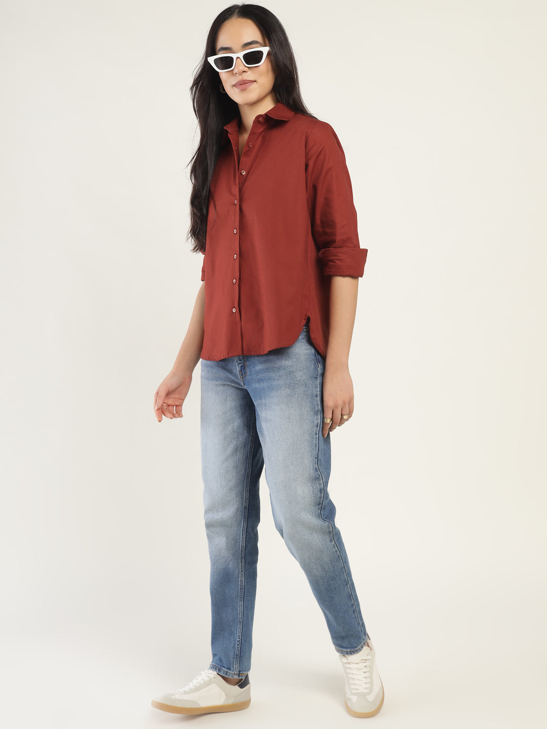 Women Rust Solid Linen Blend Relaxed Fit Casual Shirt