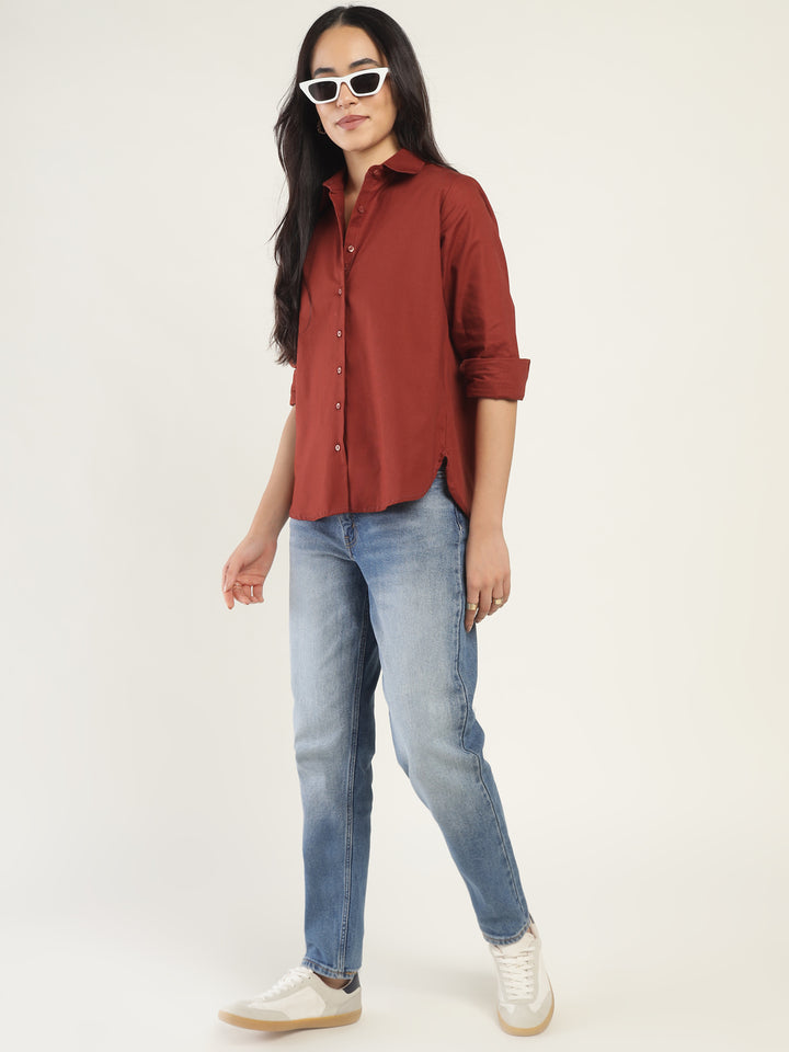 Women Rust Solid Linen Blend Relaxed Fit Casual Shirt