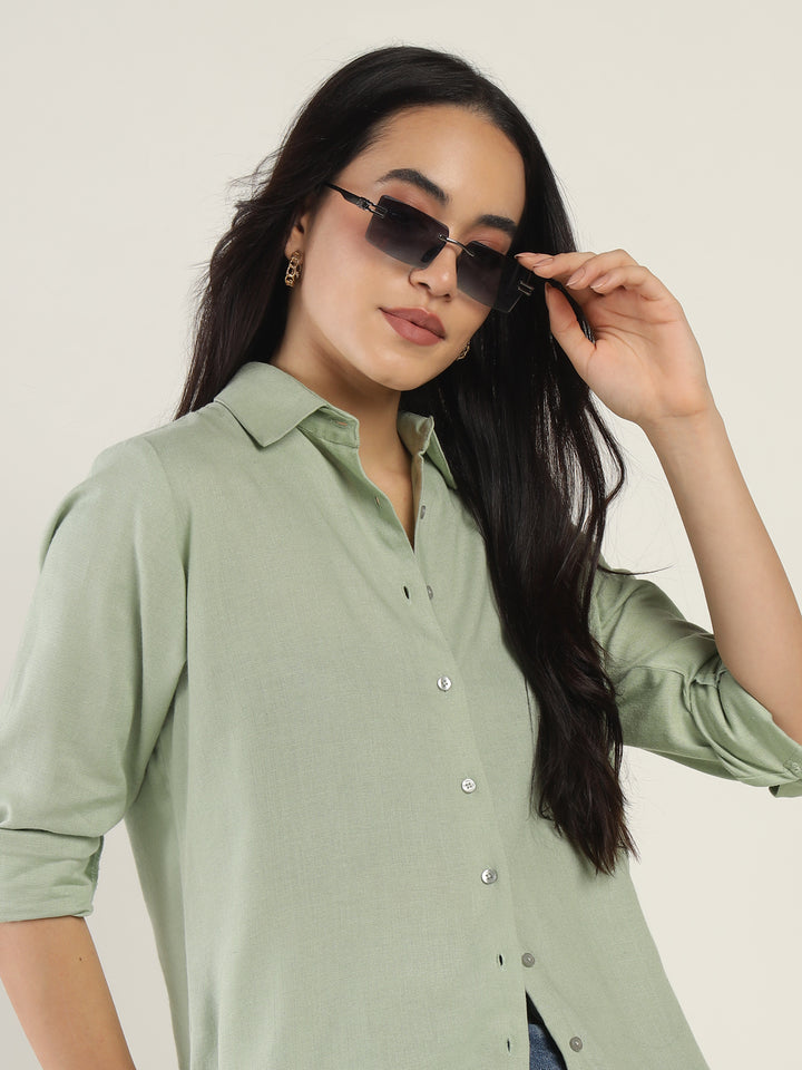 Women Light Green Solid Linen Blend Relaxed Fit Casual Shirt