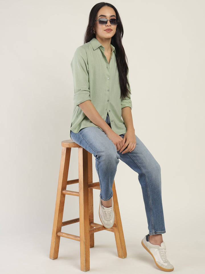 Women Light Green Solid Linen Blend Relaxed Fit Casual Shirt
