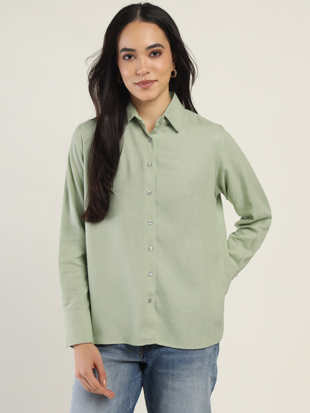 Women Light Green Solid Linen Blend Relaxed Fit Casual Shirt
