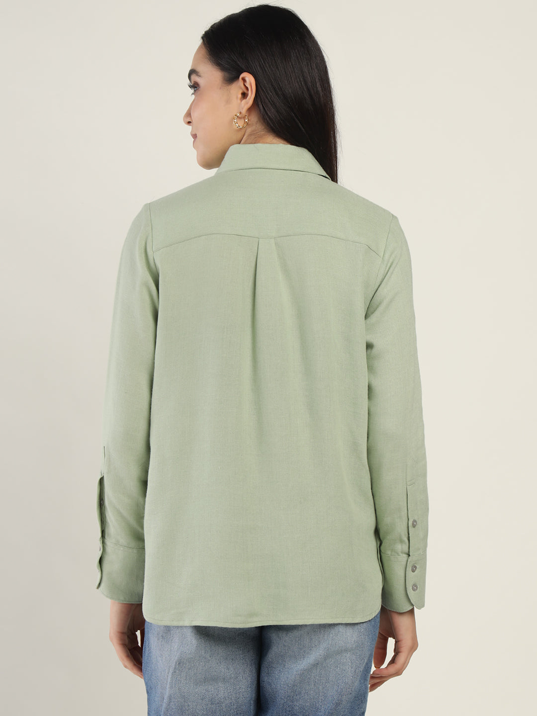 Women Light Green Solid Linen Blend Relaxed Fit Casual Shirt